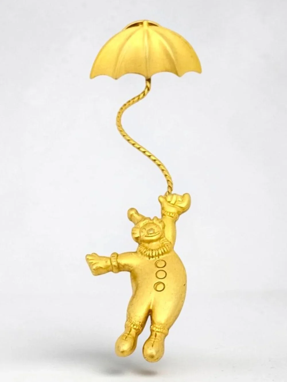 Vintage JJ Jonette Floating Clown Umbrella Brooch Pin 1980s Gold Tone Signed